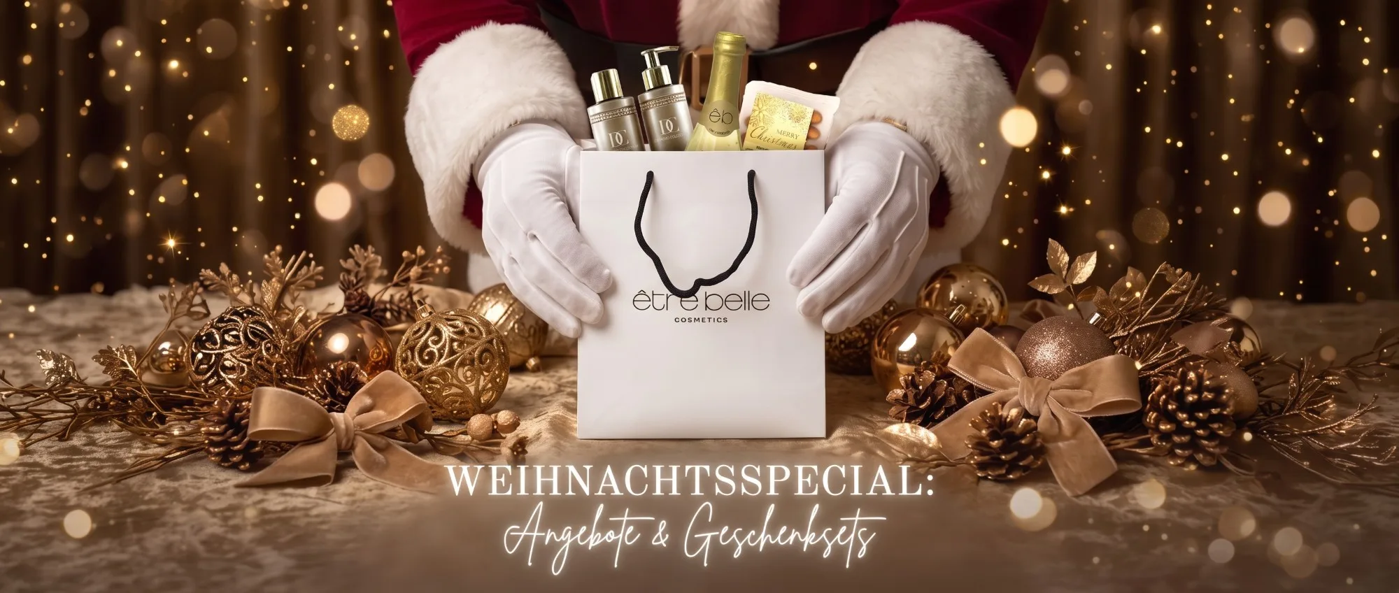 Weihnachtsspecial: Angebote & Geschenksets – être belle Tragetasche mit Diamond Collection, Golden Skin Sekt und Weihnachtsmandeln