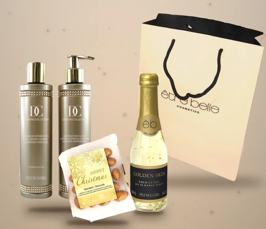 Geschenkset Weihnachtsfreude: Diamond Collection Duschgel und Körperlotion, Golden Skin Sekt, Weihnachtsmandeln und être belle Tragetasche